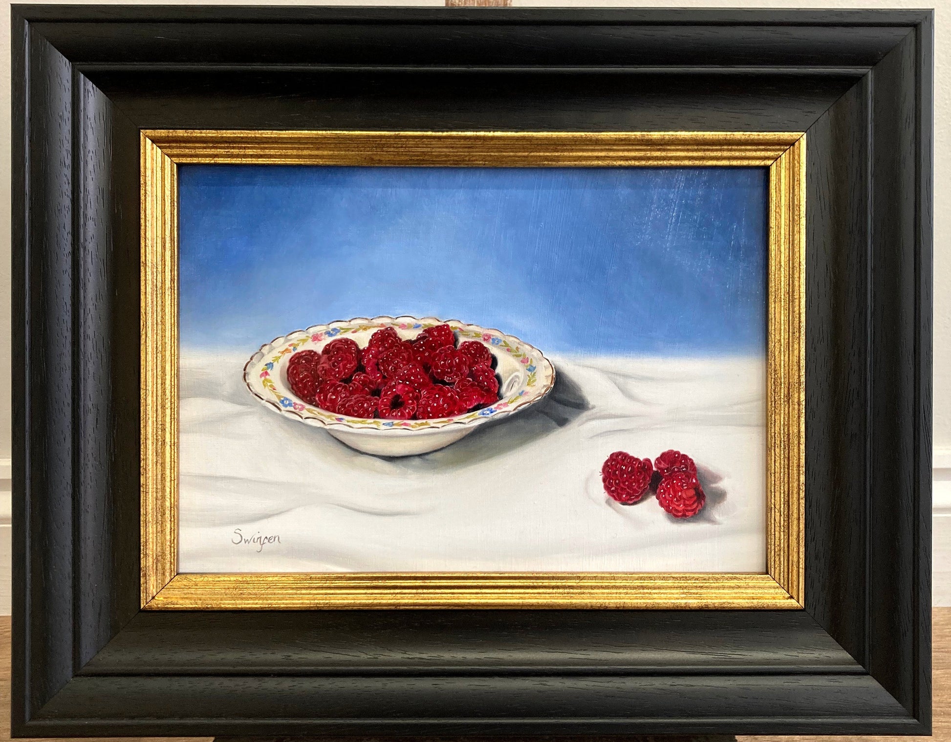 A Bowl of Raspberries Painting exhibiting at the Sanders and Christie Art Gallery in Sheringham.
