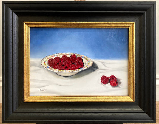 A Bowl of Raspberries Painting exhibiting at the Sanders and Christie Art Gallery in Sheringham.