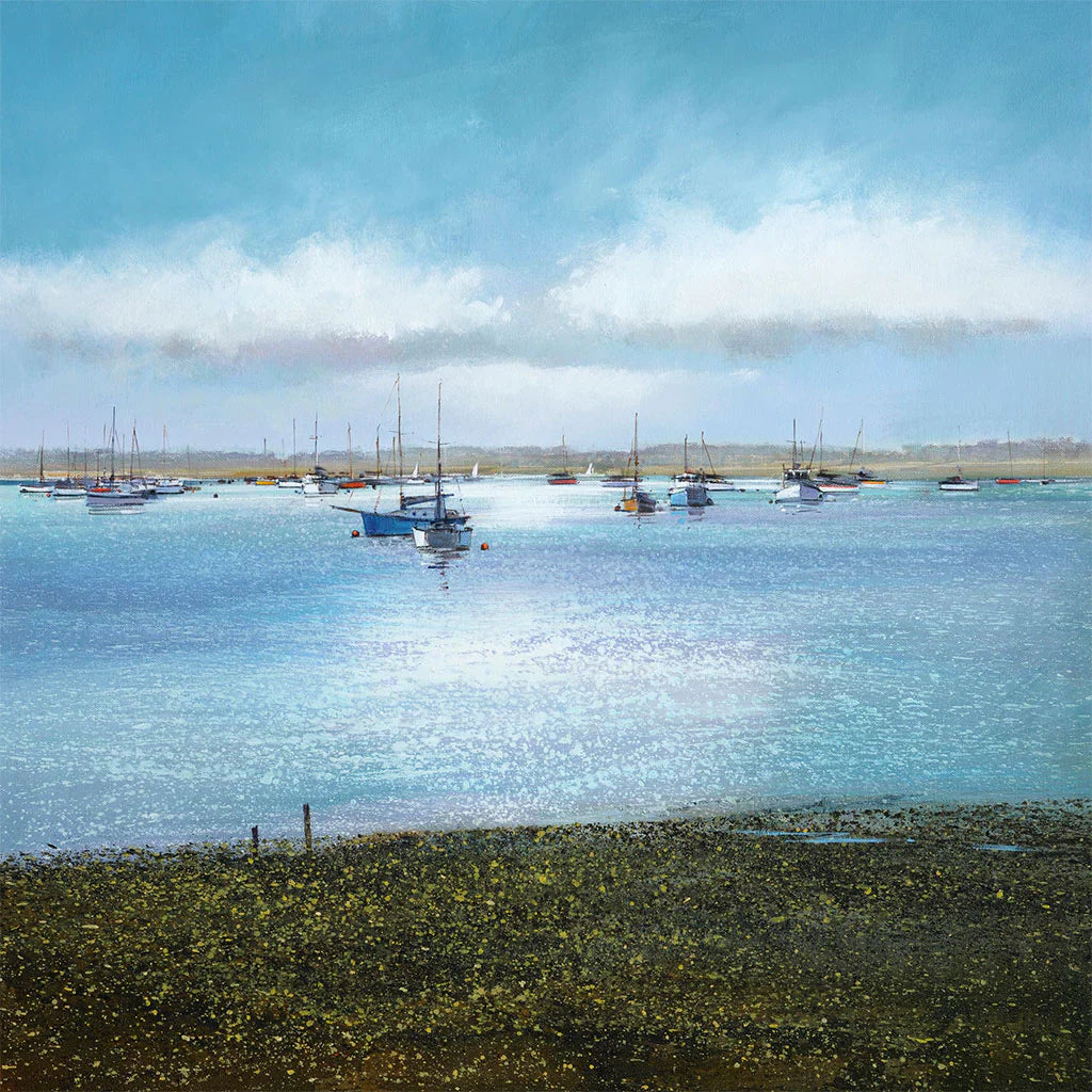 This Boats at Slaughden Greetings Card by Michael Sanders is available to purchase online from the Sanders and Christie Gallery.