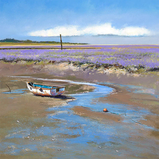 This Boat at Brancaster Greetings Card by Michael Sanders is available to purchase online from the Sanders and Christie Gallery.