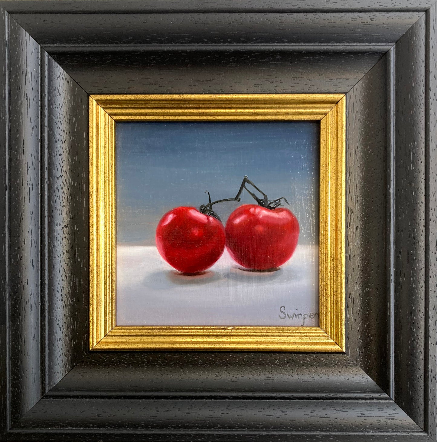 Red Tomatoes Painting by Cate Swinfen at the Sanders and Christie sheringham Art gallery.