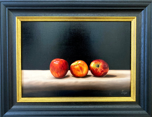 Three Rosy Apples Painting by Cate Swinfen at the Sanders and Christie sheringham Art gallery.