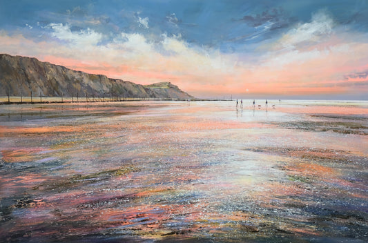 Painting of a beach scene with people walking along the shore at sunset.
