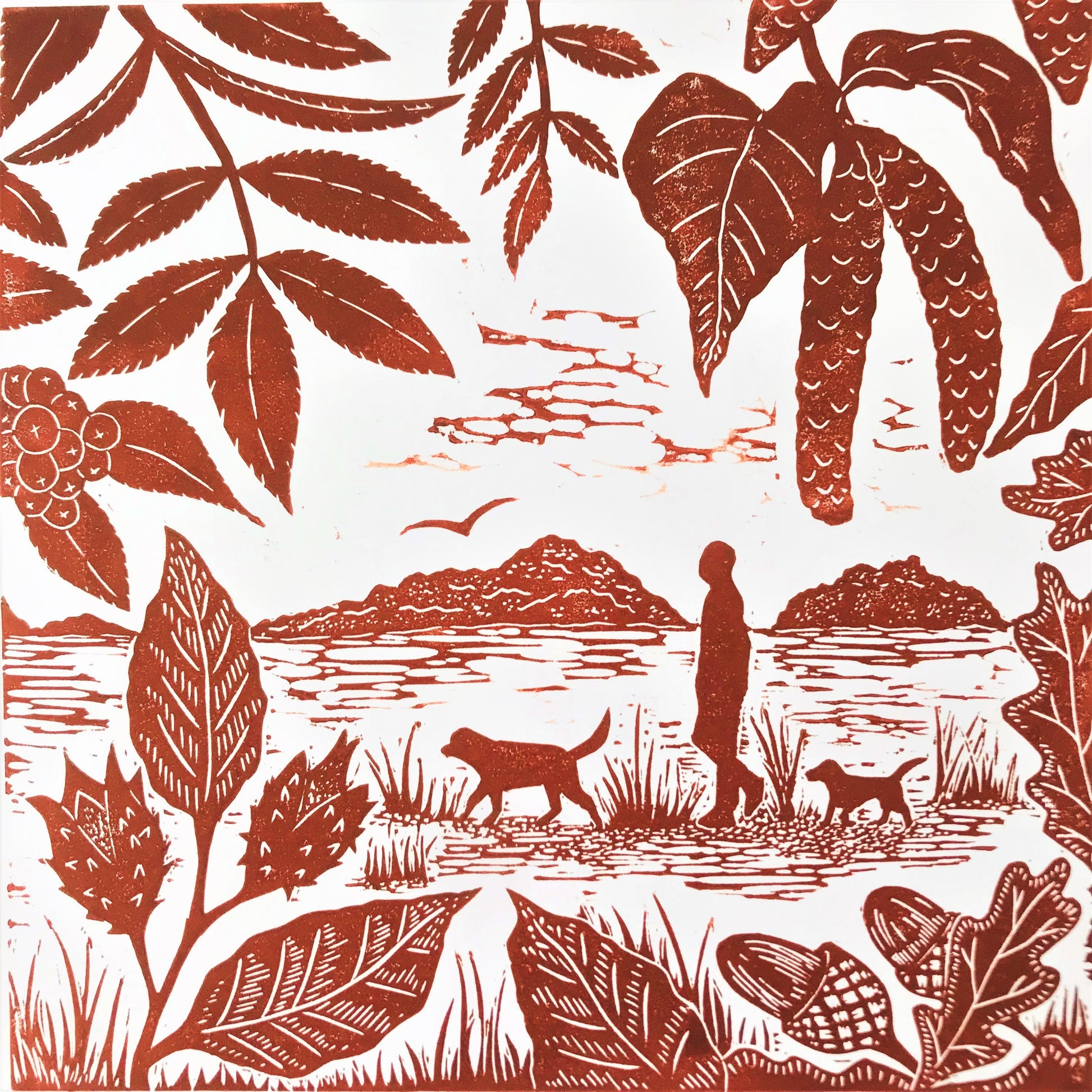 A Walk on the Common Lino Print by Joanna Padfield