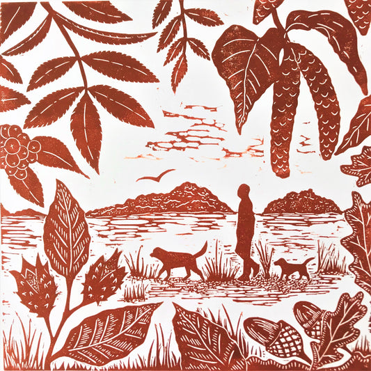 A Walk on the Common Lino Print by Joanna Padfield