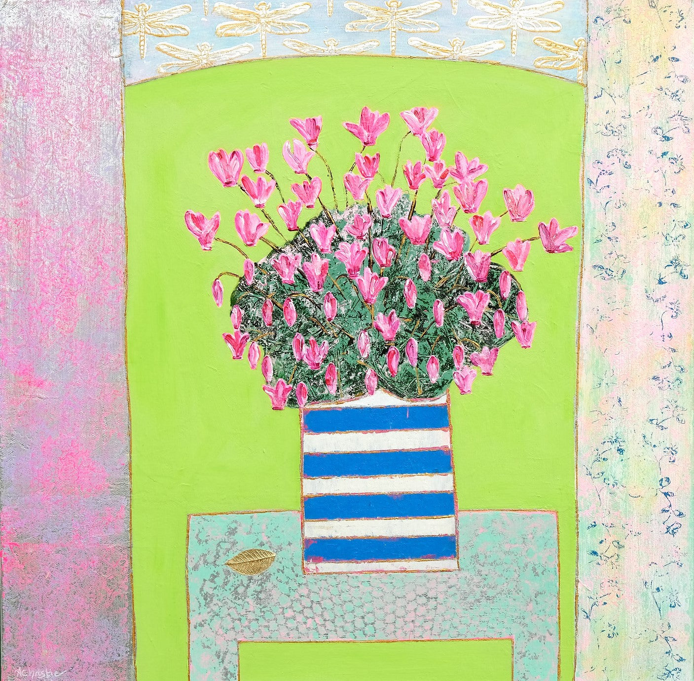 Pink Cyclamens on Lime Green Art Print by Amy Christie