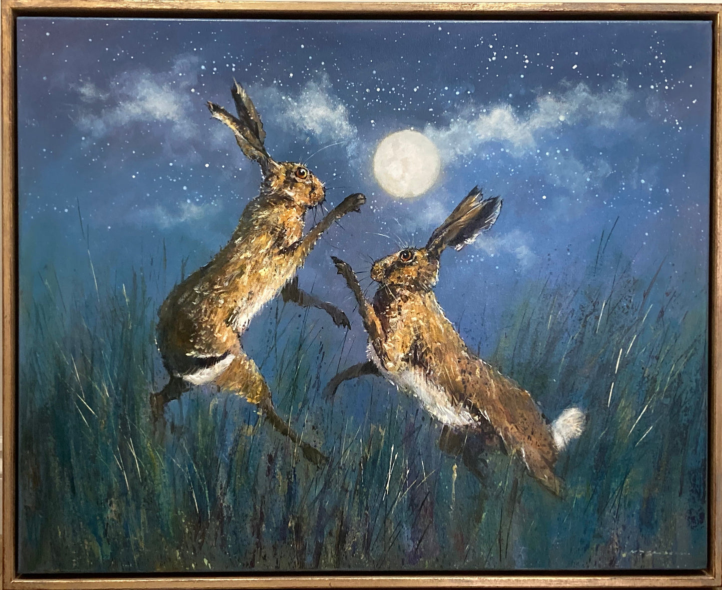 Boxing Hares by Moonlight Painting by Michael Sanders