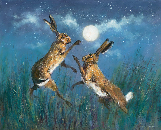 Boxing Hares by Moonlight Canvas Print by Michael Sanders