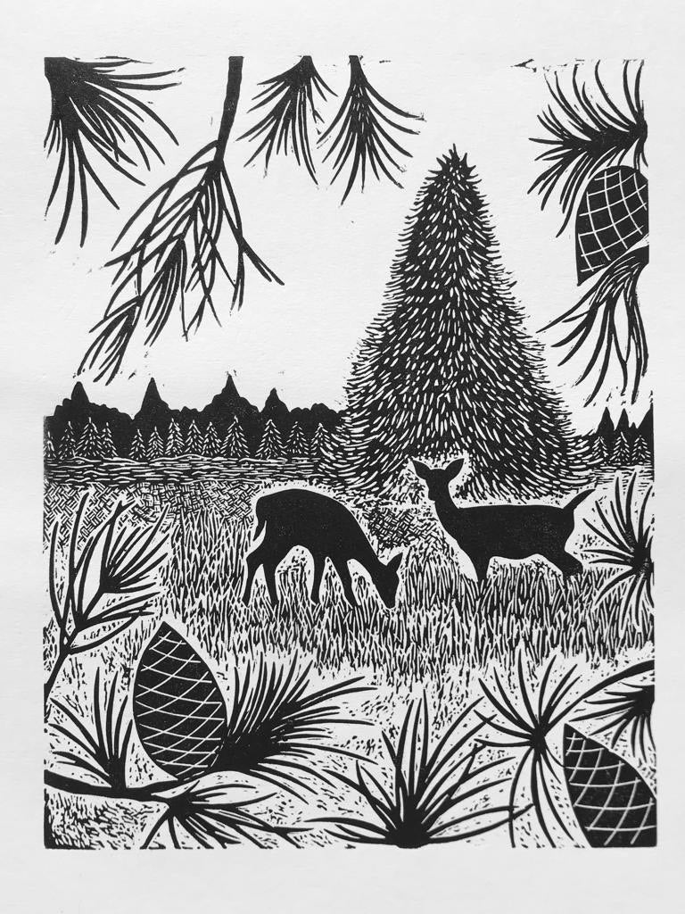Deer at Thetford Forest Lino Print by Joanna Padfield