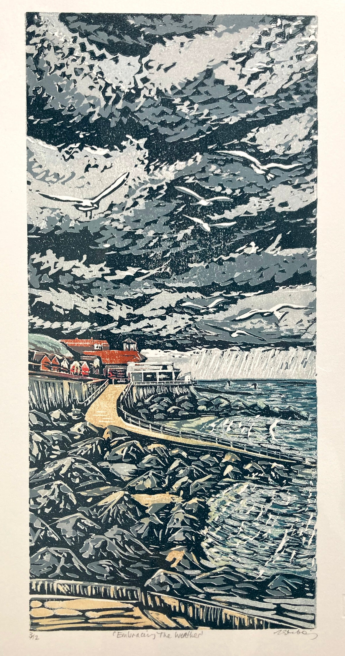 Embracing the Weather Linocut by Lousie Stebbing.