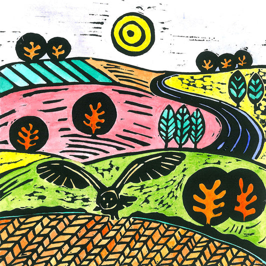 A Swooping Owl Greeting Card by Joanna Padfield for sale at the Sanders and Christie Gallery in Sheringham.