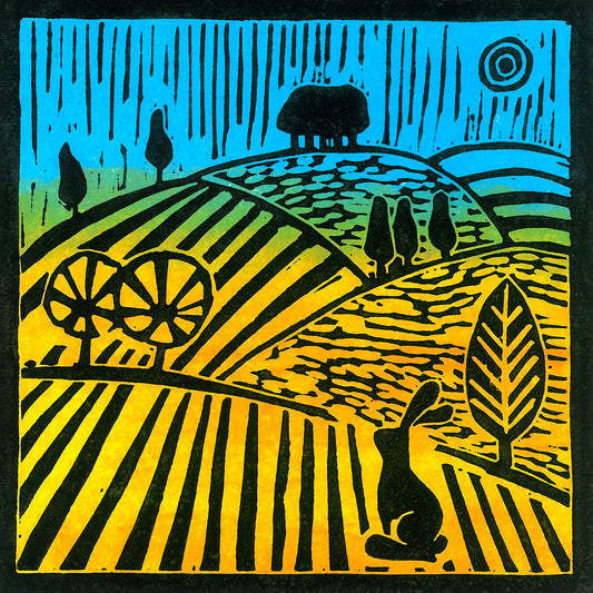 A Rolling Hills Greeting Card by Joanna Padfield for sale at the Sanders and Christie Gallery in Sheringham.