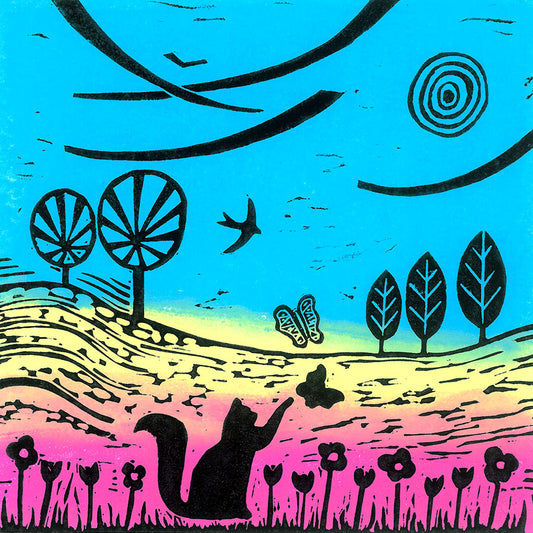 A The Cat & the Butterfly Greeting Card by Joanna Padfield for sale at the Sanders and Christie Gallery in Sheringham.