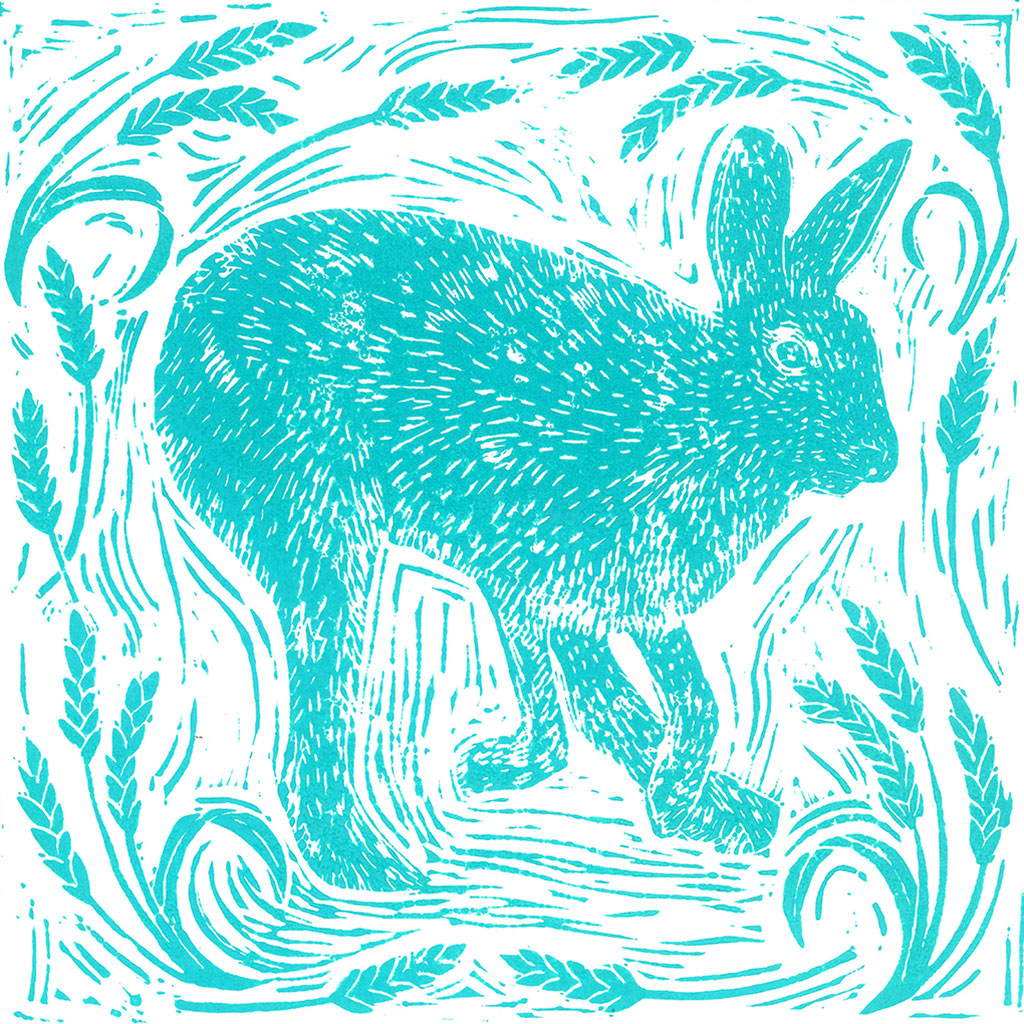 A Hare in a Wheatfield Greeting Card by Joanna Padfield for sale at the Sanders and Christie Gallery in Sheringham.