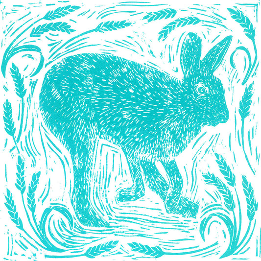 A Hare in a Wheatfield Greeting Card by Joanna Padfield for sale at the Sanders and Christie Gallery in Sheringham.