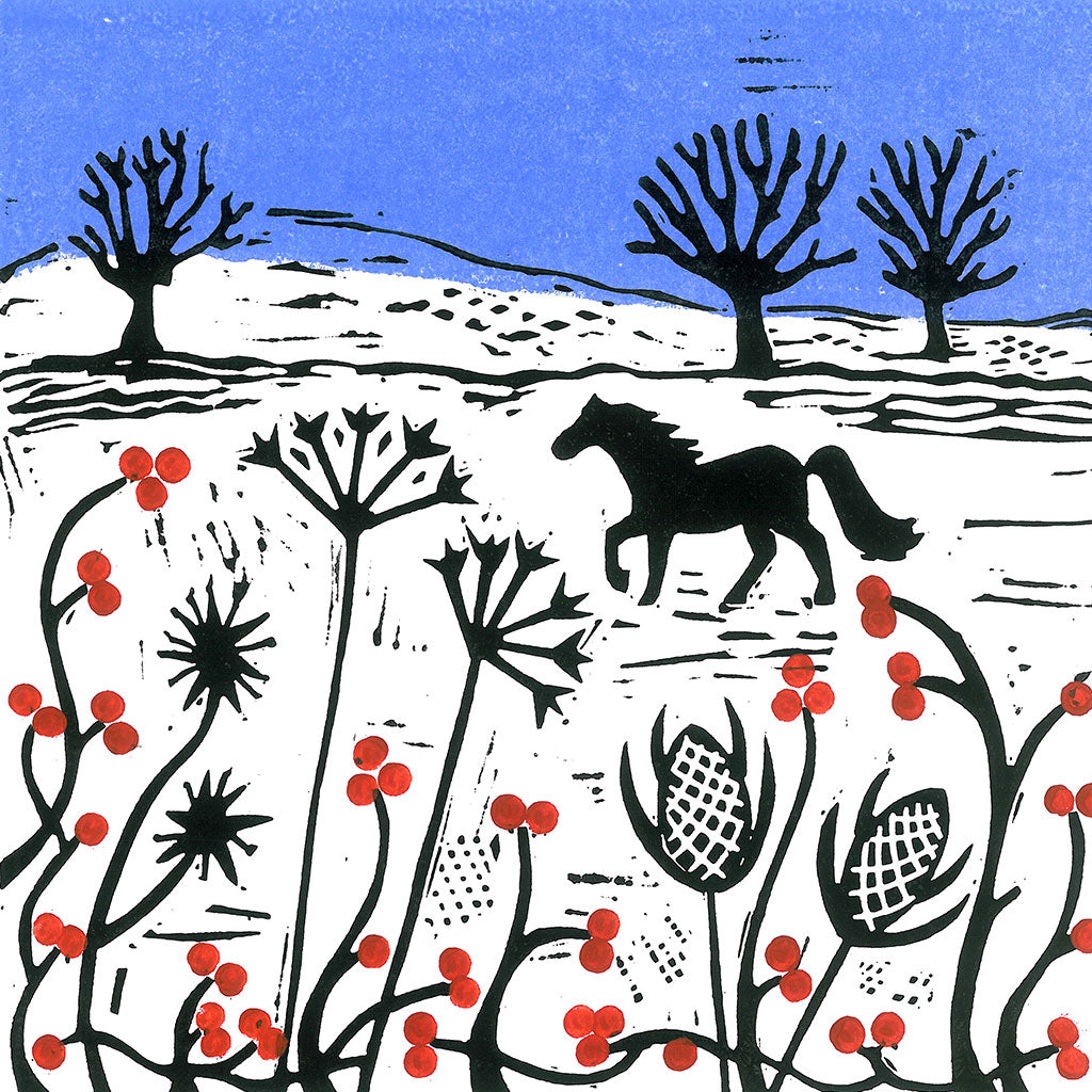 A Horse in the Snow Greeting Card by Joanna Padfield for sale at the Sanders and Christie Gallery in Sheringham.