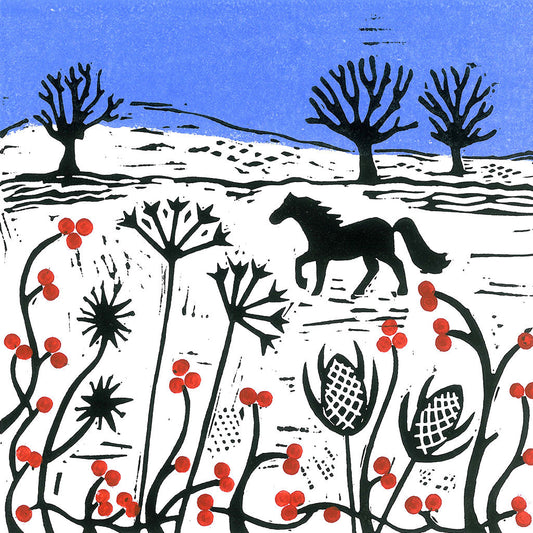 A Horse in the Snow Greeting Card by Joanna Padfield for sale at the Sanders and Christie Gallery in Sheringham.