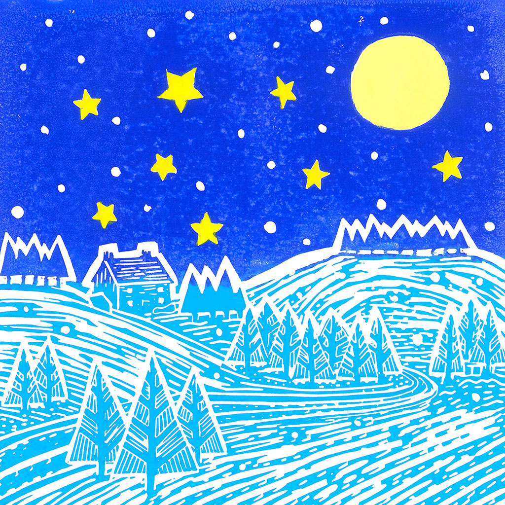 A Starry Starry Night Greeting Card by Joanna Padfield for sale at the Sanders and Christie Gallery in Sheringham.