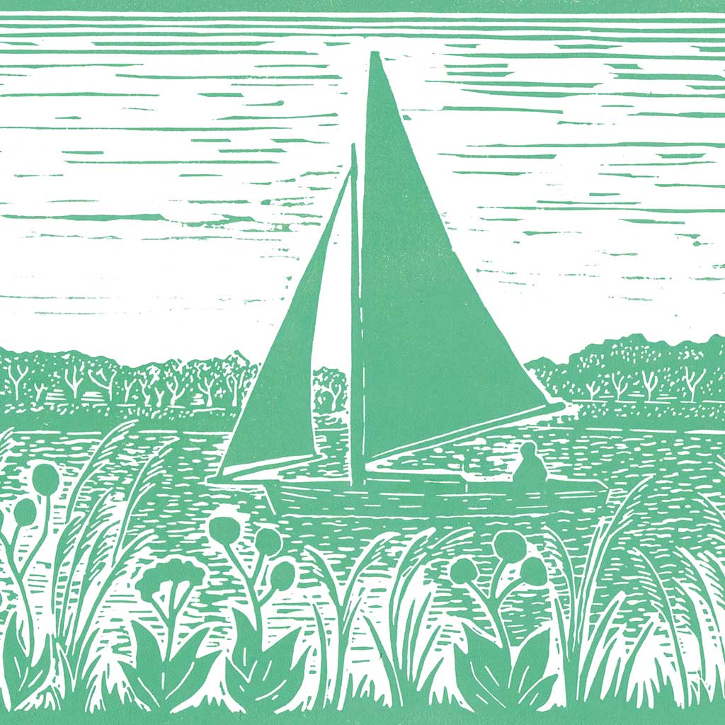 A Sailing Boat Greeting Card by Joanna Padfield for sale at the Sanders and Christie Gallery in Sheringham.