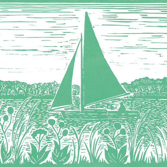 A Sailing Boat Greeting Card by Joanna Padfield for sale at the Sanders and Christie Gallery in Sheringham.