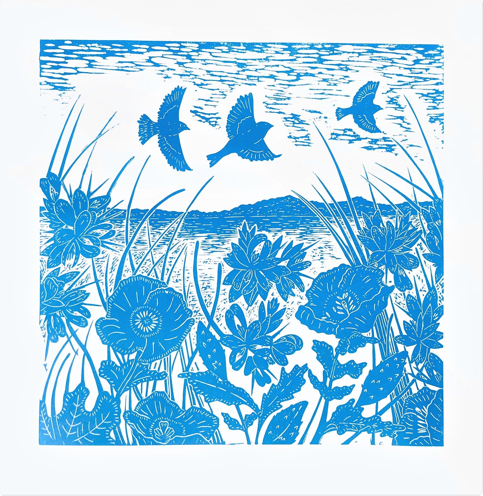 Linnets over Salthouse Lino Print by Joanna Padfield