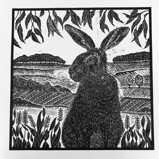 Morning Hare Lino Print by Joanna Padfield