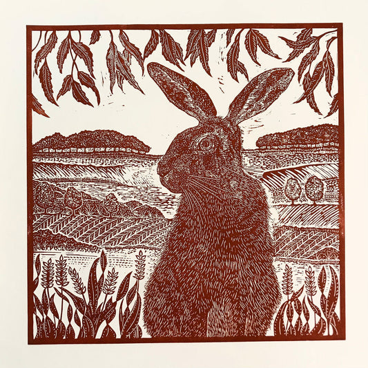 Morning Hare Lino Print by Joanna Padfield