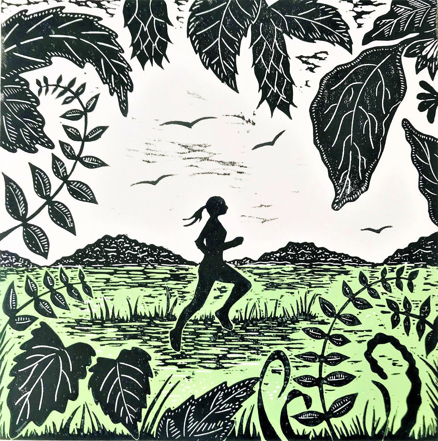 Morning Run Lino Print by Joanna Padfield