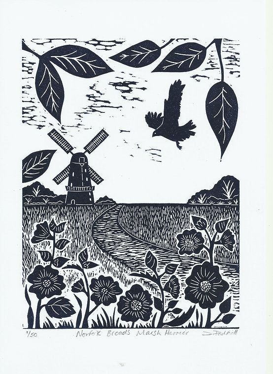 Norfolk Broads Harrier Lino Print by Joanna Padfield