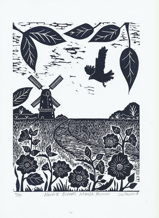 Norfolk Broads Harrier Lino Print by Joanna Padfield