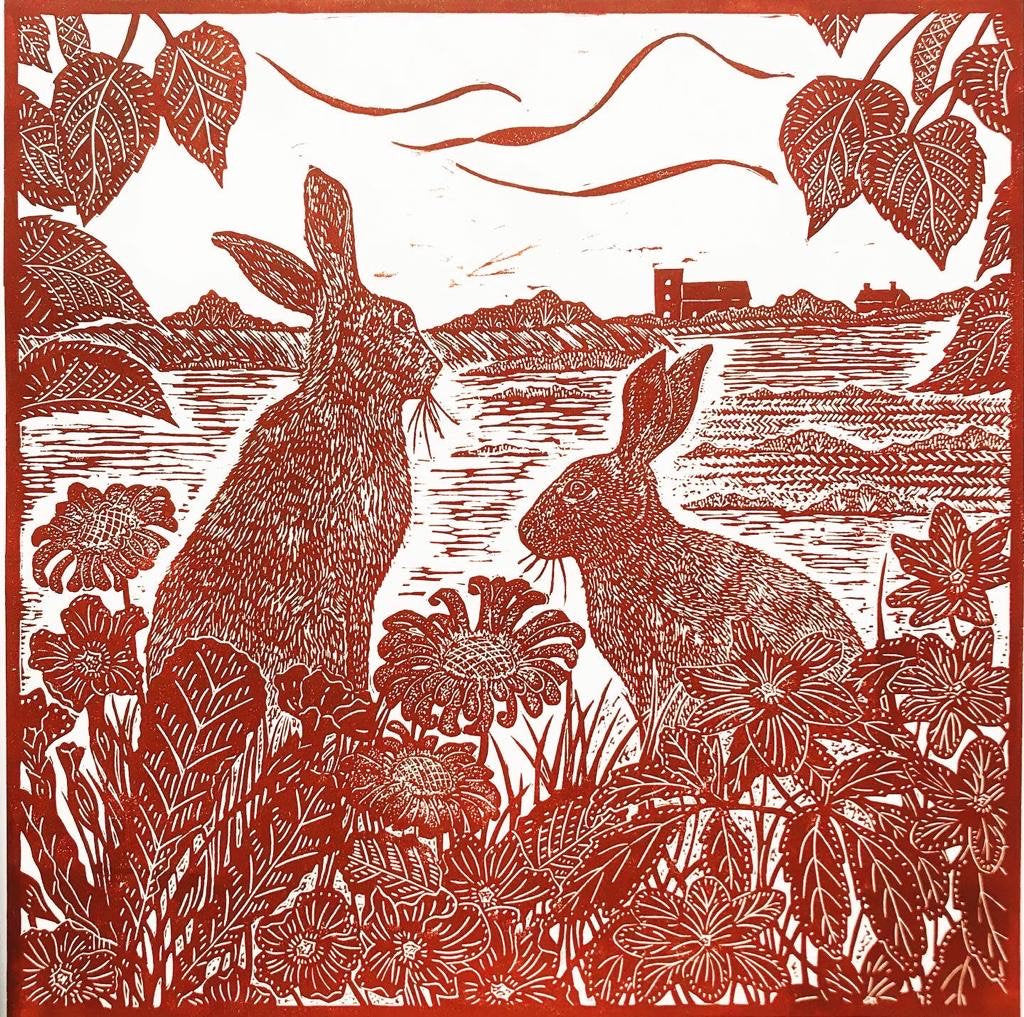 Norfolk Hares Lino Print by Joanna Padfield