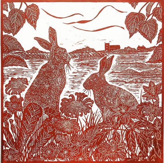 Norfolk Hares Lino Print by Joanna Padfield