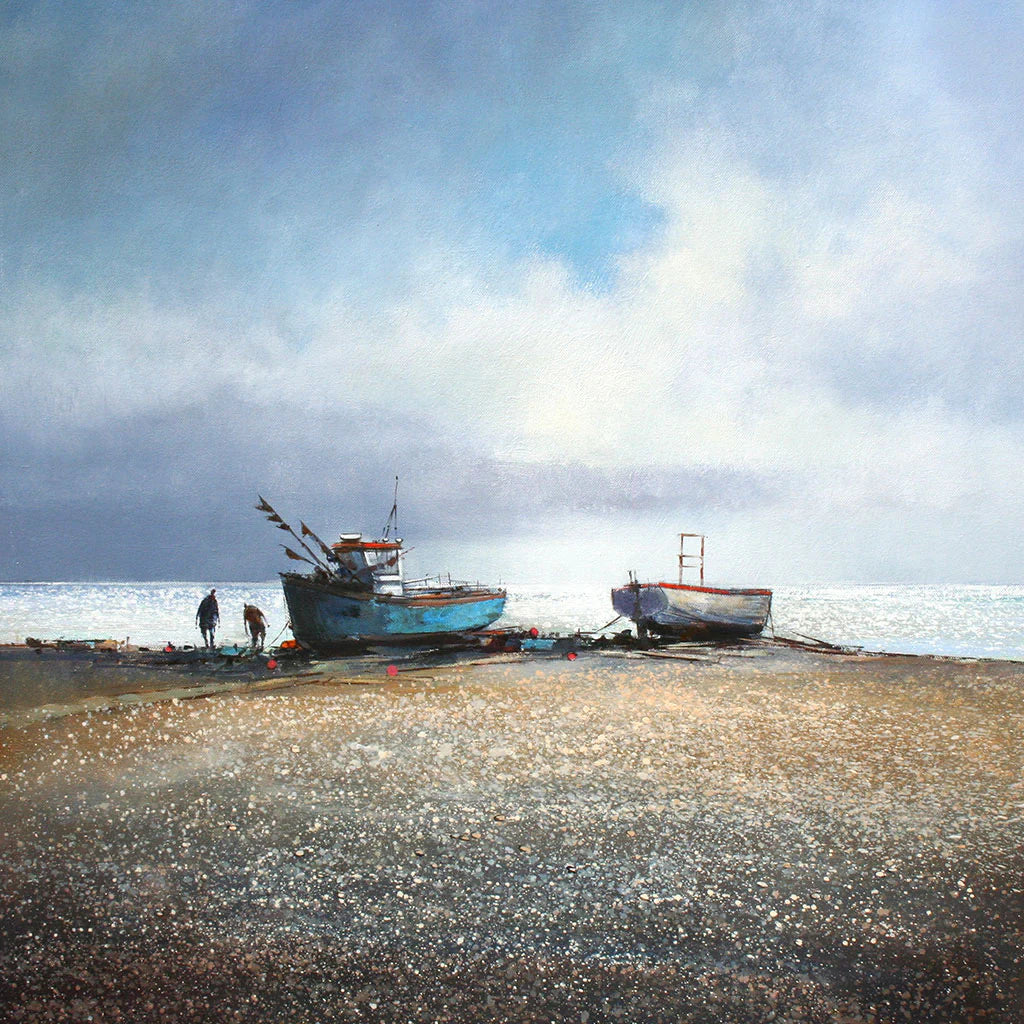 This Fishing Boats Greetings Card by Michael Sanders is available to purchase online from the Sanders and Christie Gallery.