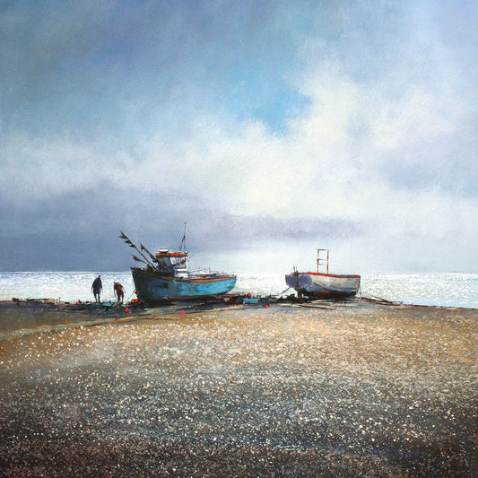 This Fishing Boats Greetings Card by Michael Sanders is available to purchase online from the Sanders and Christie Gallery.