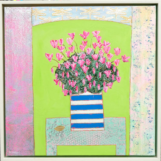 Pink Cyclamens on Lime Original Painting by Amy Christie