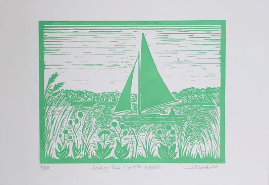 Sailing the Norfolk Broads Lino Print by Joanna Padfield