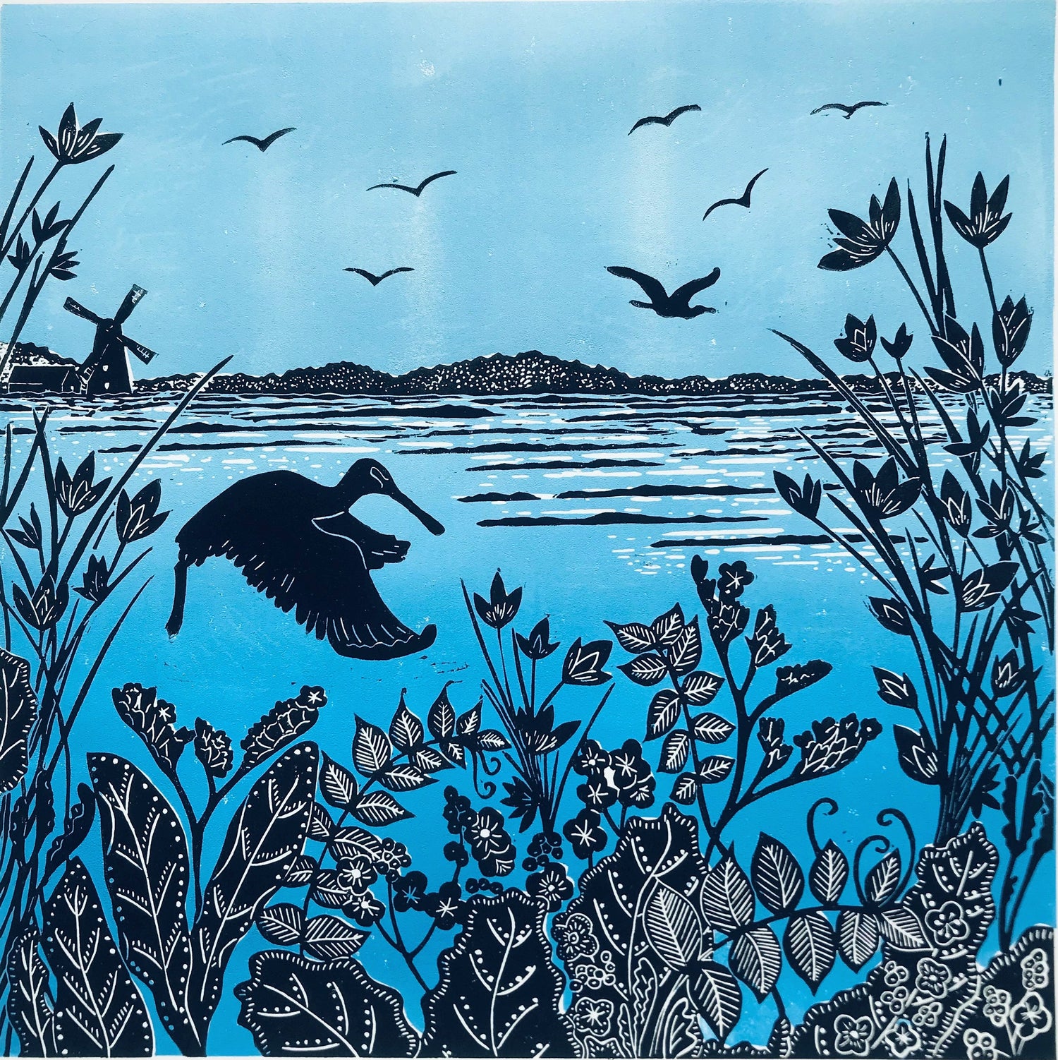 Spoonbill at Cley Marsh, Norfolk Lino Print by Joanna Padfield