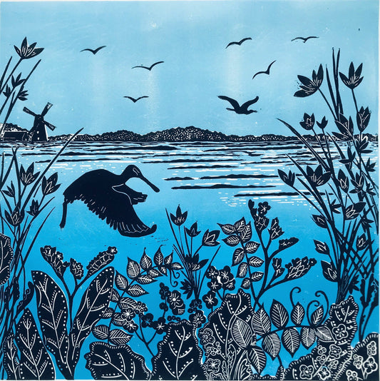 Spoonbill at Cley Marsh, Norfolk Lino Print by Joanna Padfield