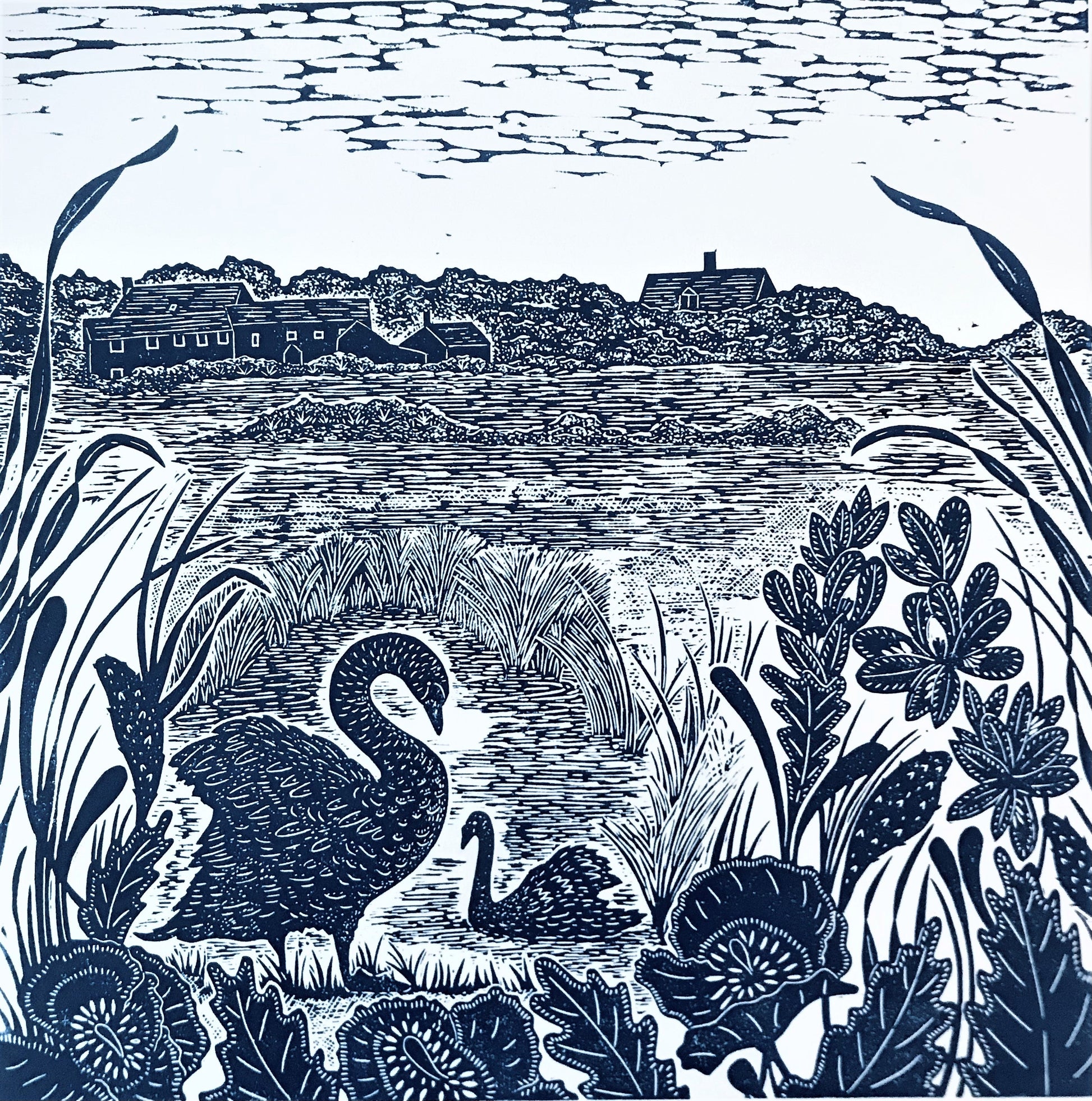 Swans at Salthouse Marsh Lino Print by Joanna Padfield