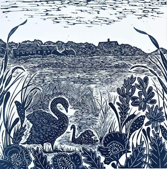 Swans at Salthouse Marsh Lino Print by Joanna Padfield
