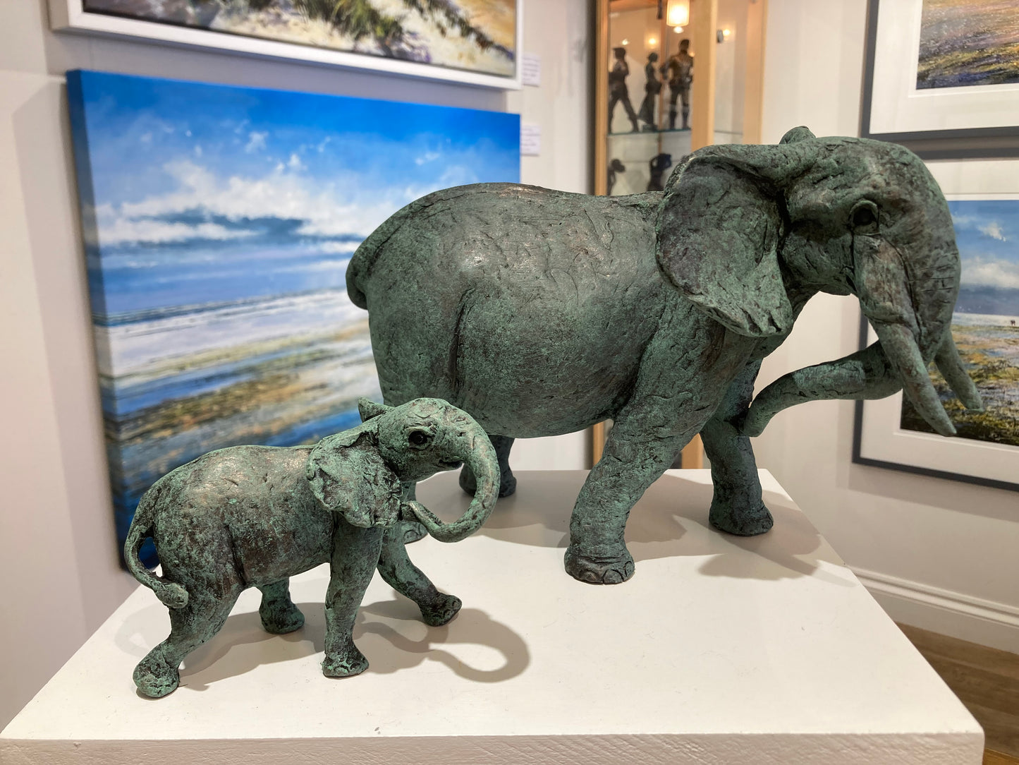 Elephant and calf cold cast bronze sculpture - verdigris