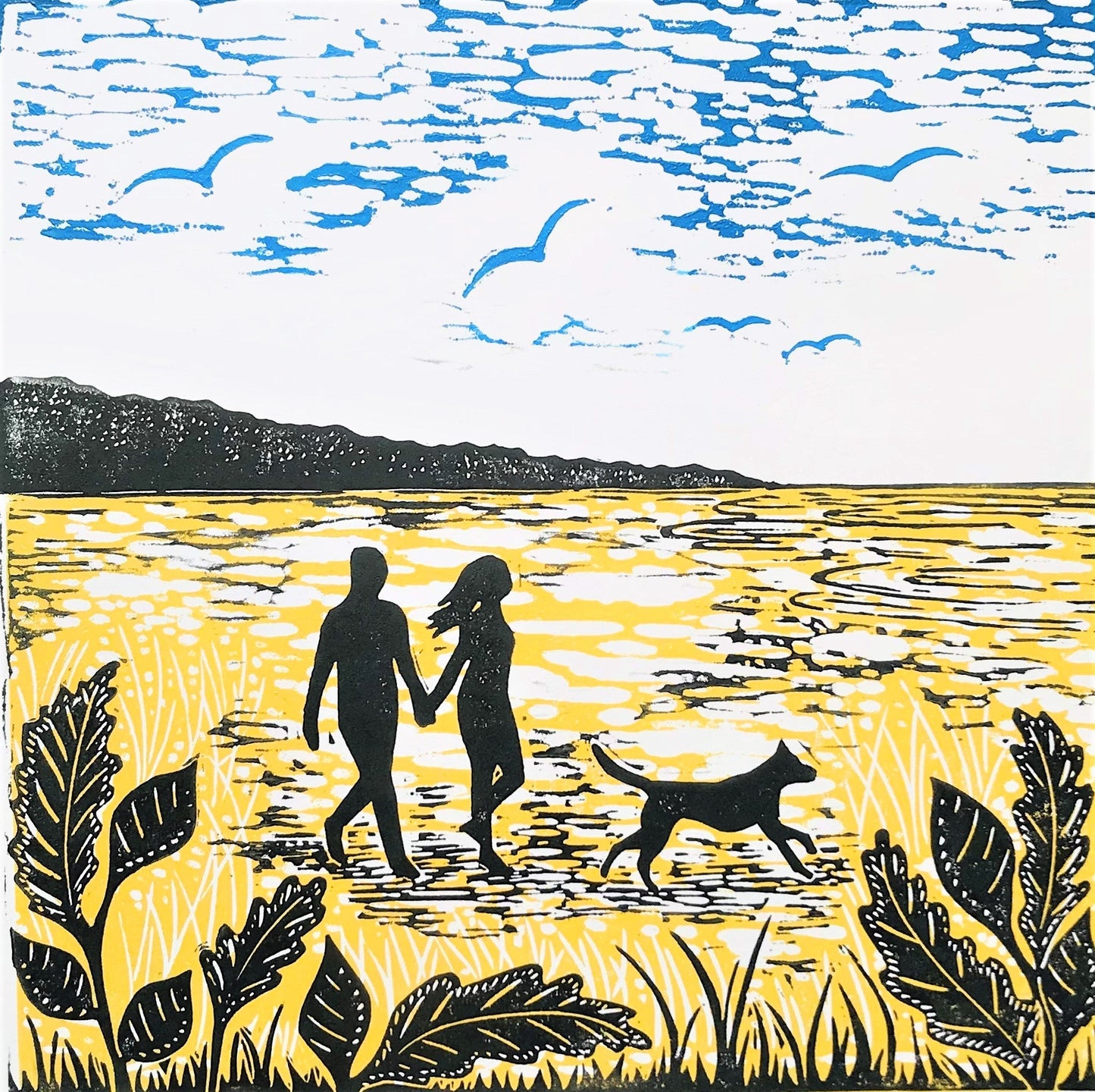 Walking the Dog on Holkham Beach Lino Print by Joanna Padfield