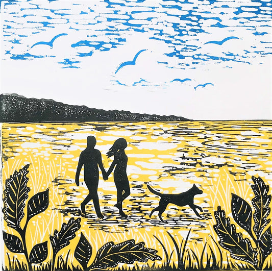 Walking the Dog on Holkham Beach Lino Print by Joanna Padfield