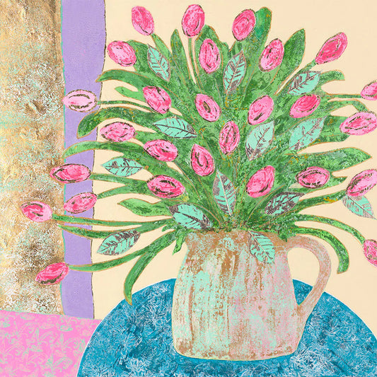 Tulips in Pink and Gold Greetings Card by Amy Christie is available to buy online from the Sanders and Christie Art Gallery in Norfolk.
