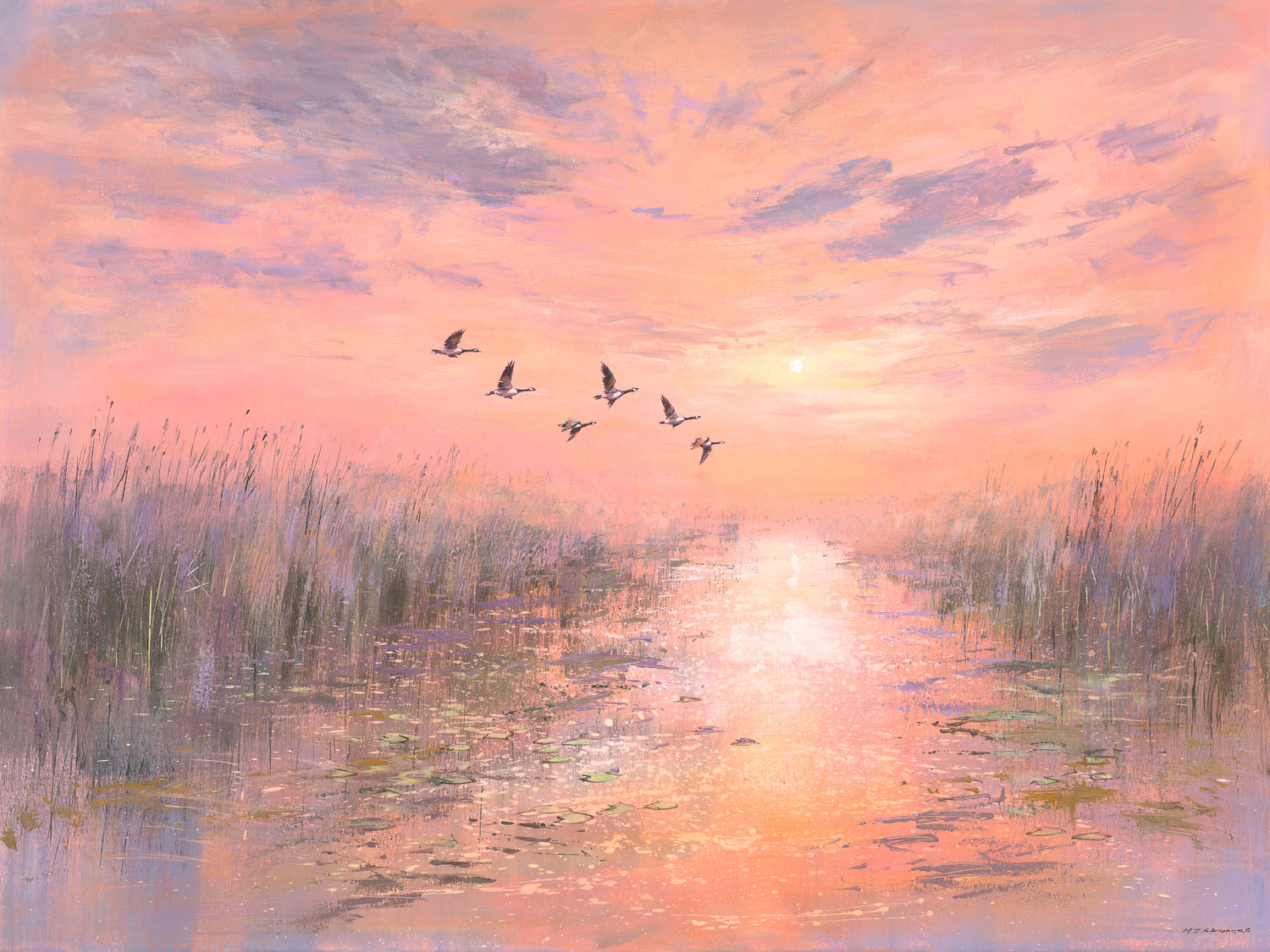 A soft-focus painting by Michael Sanders of a marsh landscape at sunset, with pink and peach sky, reeds along both sides, a bright reflection of light on the water, and five birds flying across the center.