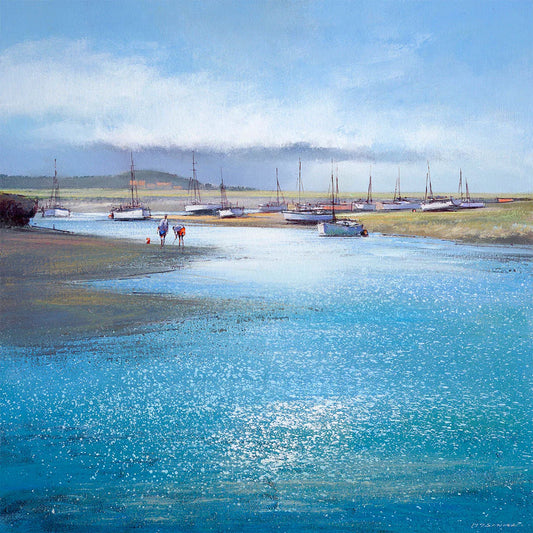 This Crabbing, Burnham Overy Staithe Greetings Card by Michael Sanders is available to purchase online from the Sanders and Christie Gallery. 