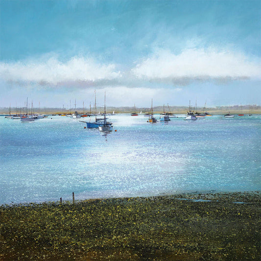 This Boats at Slaughden Greetings Card by Michael Sanders is available to purchase online from the Sanders and Christie Gallery.