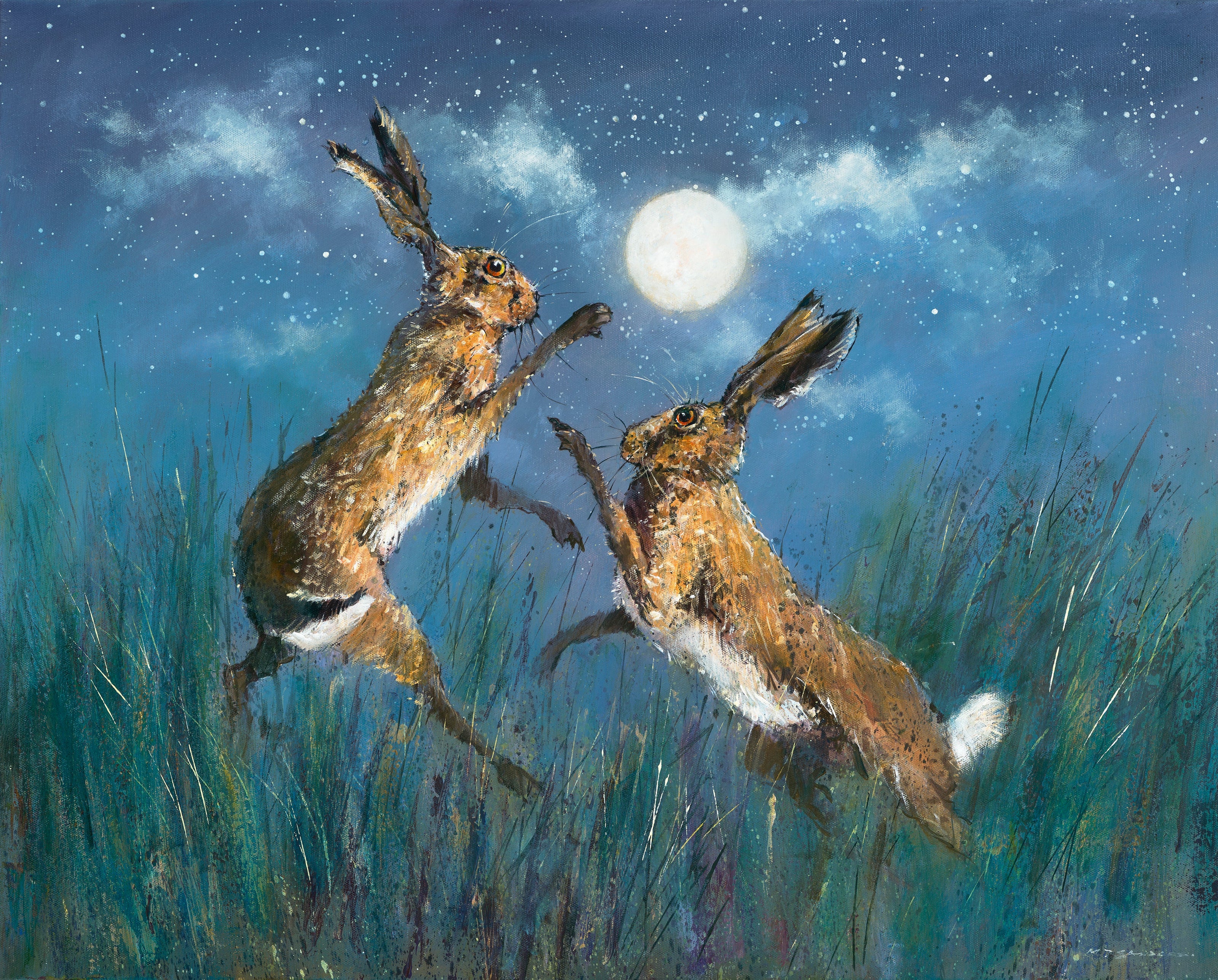 Boxing Hares by Moonlight Art Print by Michael Sanders