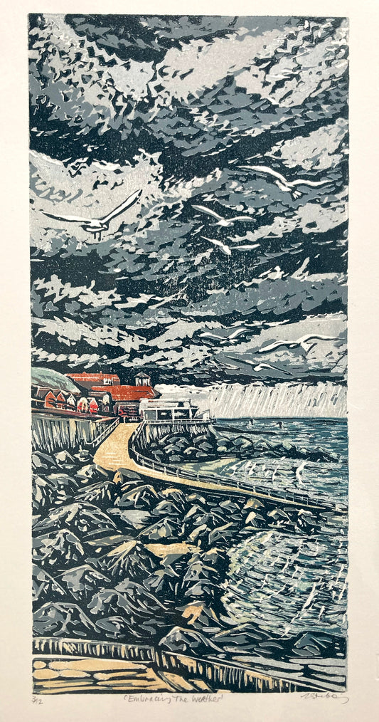 Embracing the Weather Linocut by Lousie Stebbing.