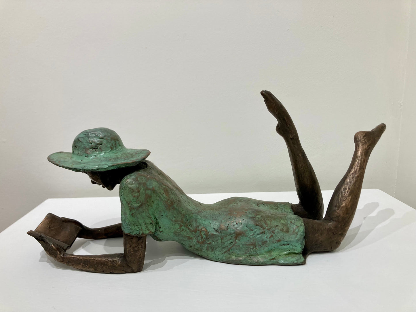 Reading Girl in a Hat - bronze and verdigris